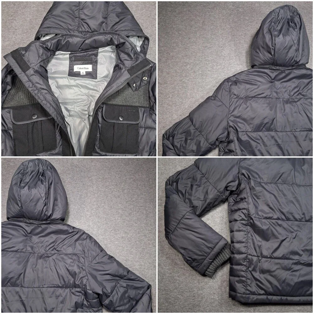 Calvin Klein Jacket Mens Medium Gray Hooded Puffer Quilted Winter Coat